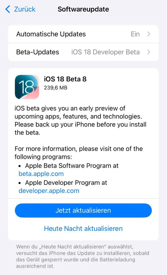 眉山苹果手机维修分享苹果 iOS / iPadOS 18 开发者预览版 Beta 8 发布 